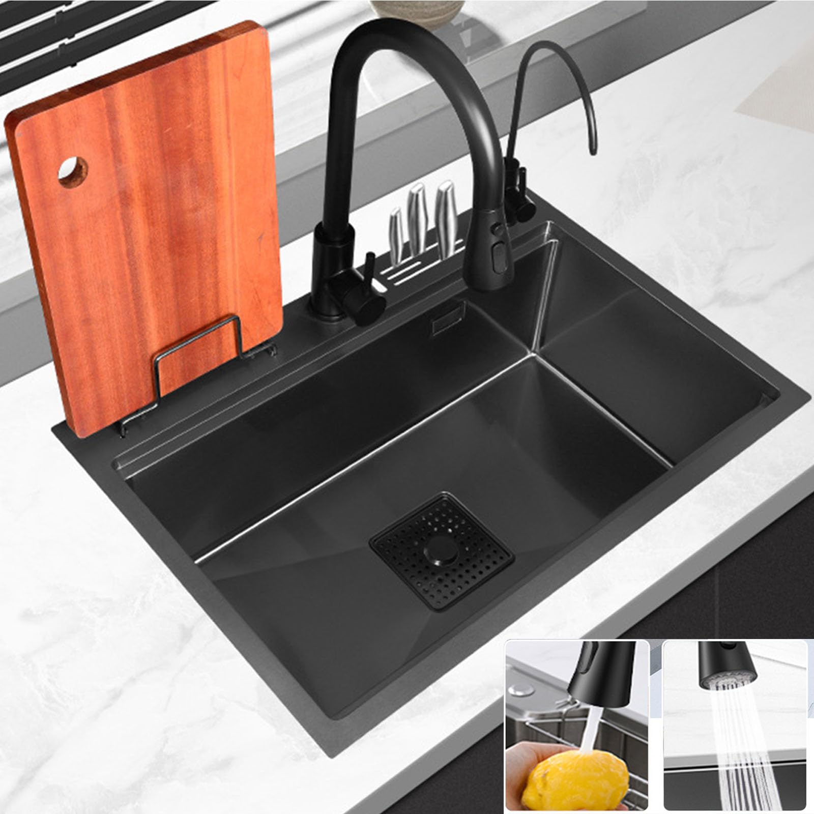 Lavello da cucina a vasca singola Lavello da incasso o sottopiano in acciaio inossidabile 304 con rubinetto estraibile Tagliere Porta coltelli Dispenser di sapone (60 * 46 * 22 CM, Nero) (Nero 60 *