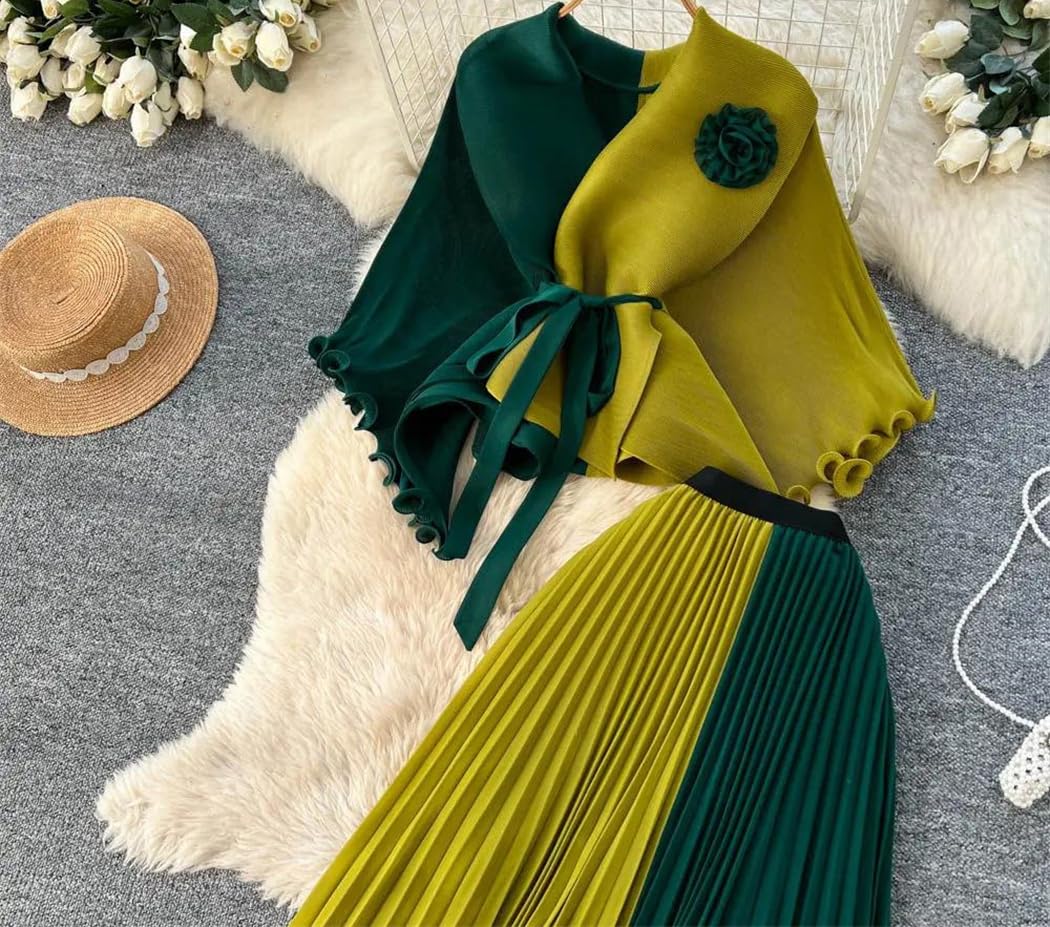 Conjunto de falda plisada de dos piezas para mujer, sin mangas, con lazo en la cintura, cintura alta, falda midi para viajes y oficina, Pnnrk, Altoa única