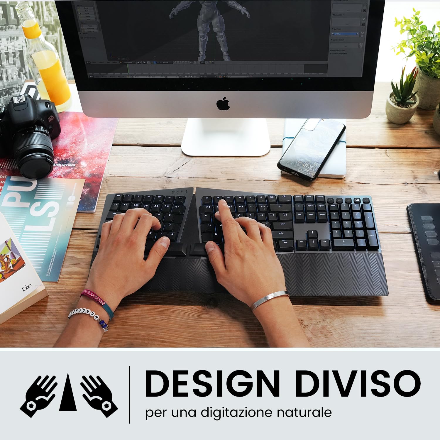 Perixx PERIBOARD-835RD – Tastiera Meccanica Wireless Ergonomica RGB, Switch Lineari Rossi Profilo Basso, Multi-Dispositivo (Windows/Mac), Layout Italiano