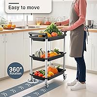 Vista 5 de Carrito rodante de 3 niveles, carrito de plástico con asa, carritos rodantes con ruedas, carrito utilitario con ruedas bloqueables, carrito