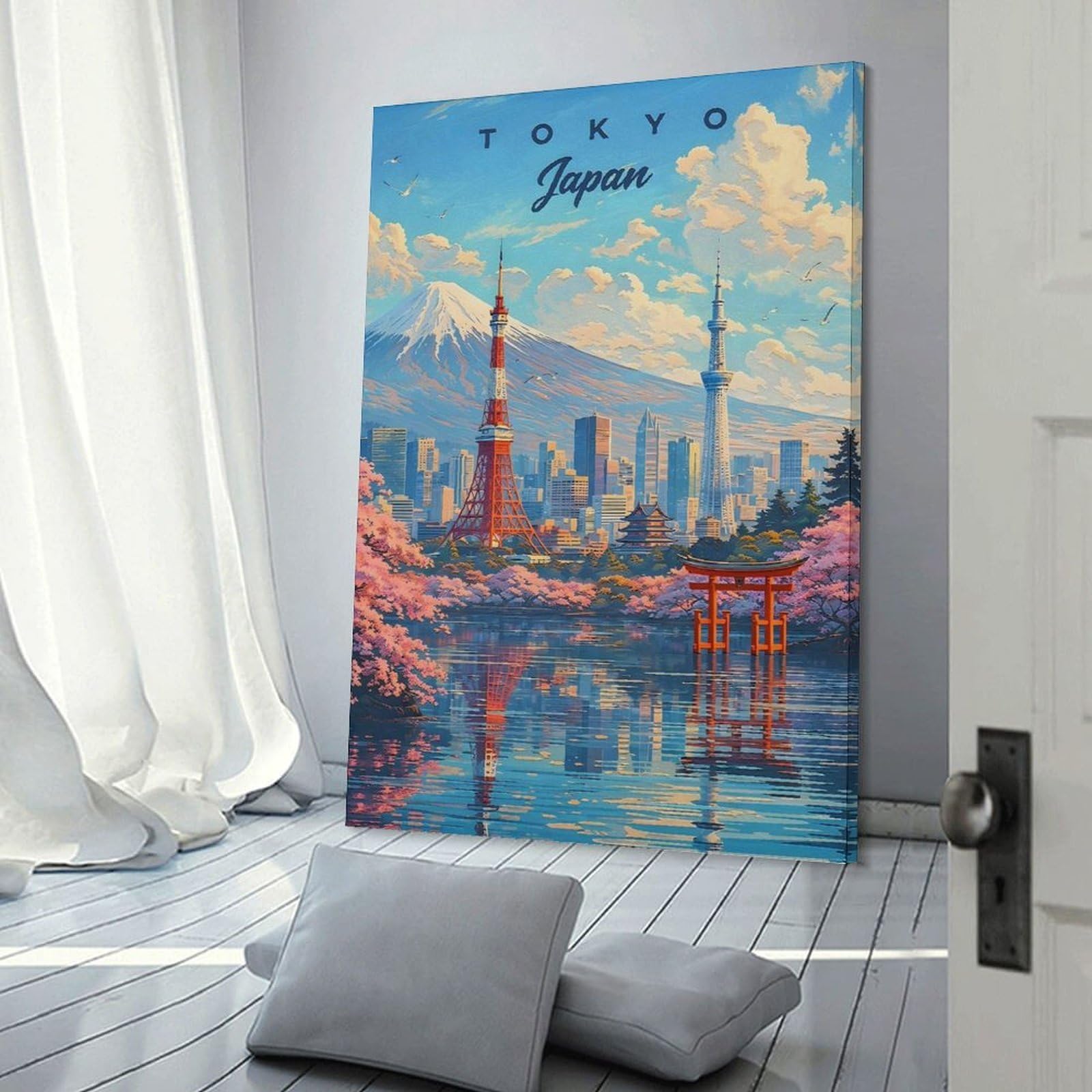 Junmoney Tokyo Japan Cityscape with Mount Fuji Canvas Wall Decor, 20x30inch(50x75cm), for Gallery Wall Decor And Room Displays, Wall Decor Suited to Curated Displays