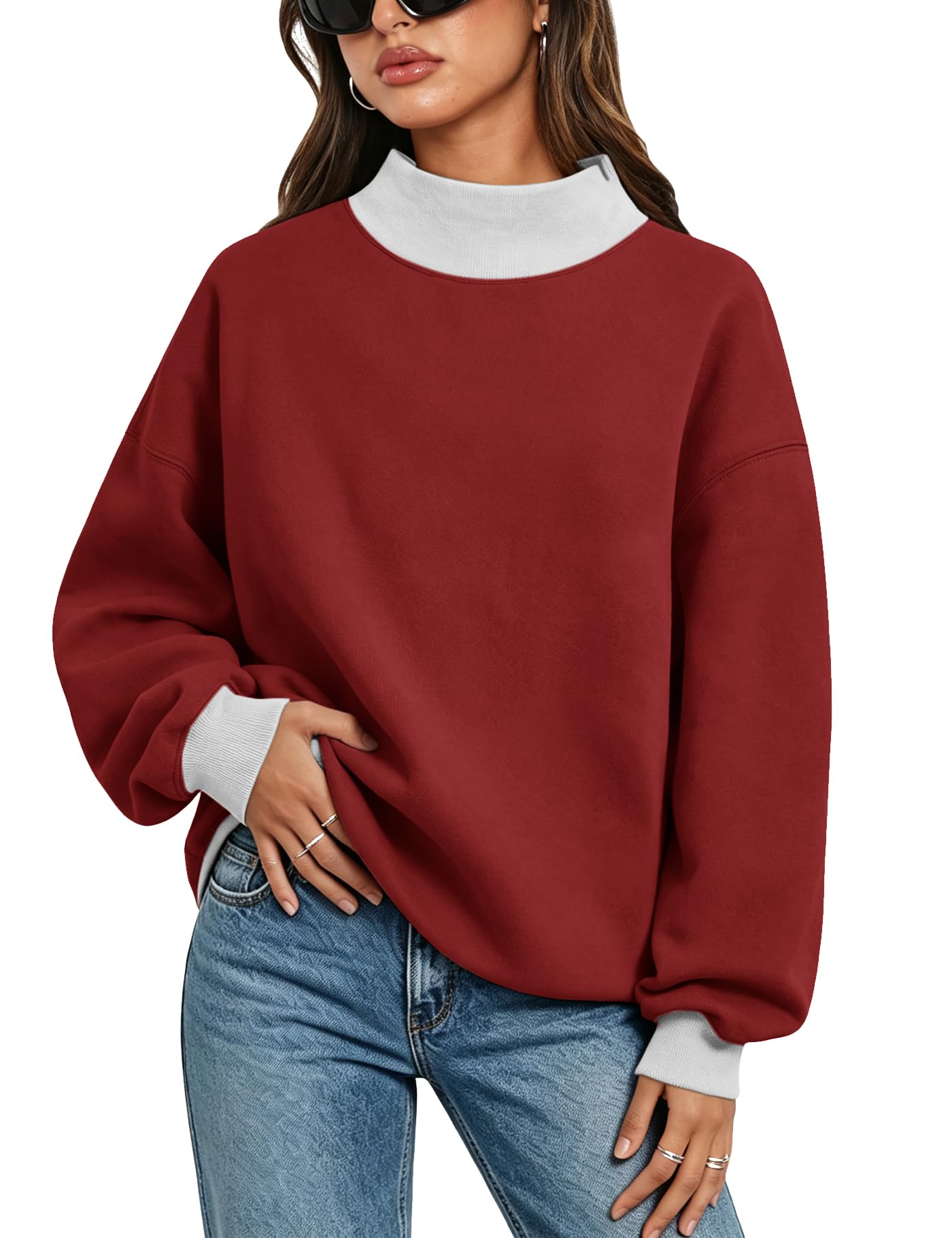 Women's Oversized Sweatshirts Color Block Turtleneck Fleece Pullover Tops Long Sleeve Loose Fall Fashion Outfits-picture-41