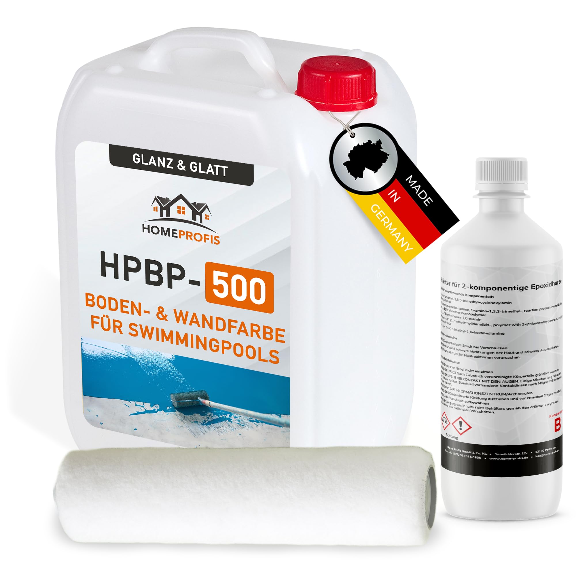 Home Profis® glänzende Swimming Pool Farbe Flüssigkunststoff inkl. Walze (5m²) | Über 30 Farben | Chlorbeständig | 2K Epoxidharz Schwimmbadfarbe | RAL 7038 Achatgrau | HPBP-500
