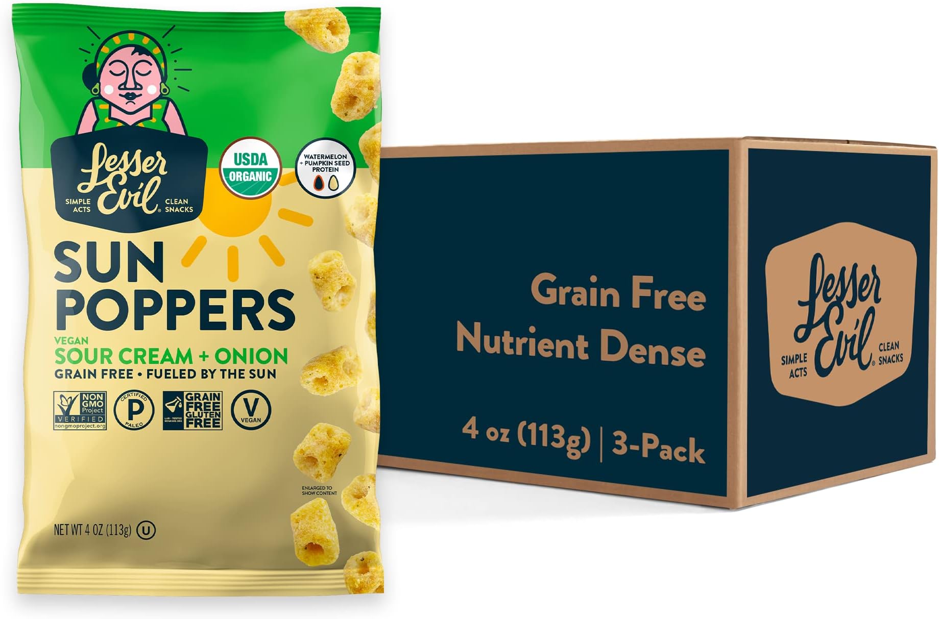 LesserevilSour Cream and Onion Sun Poppers, Grain Free, Vegan, Minimally Processed, Good Fats, Watermelon Seed Protein, Pack of 3, 4oz Bags