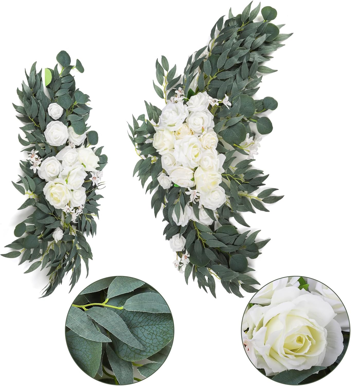 Noamus 2 Pack Artificial Wedding Arch Flowers, 28”/20” Floral Swag Arrangement Set, Wedding Welcome Signs Floral Decorations Kit for Ceremony Reception, Backdrop Table Decor, Drap Not Included