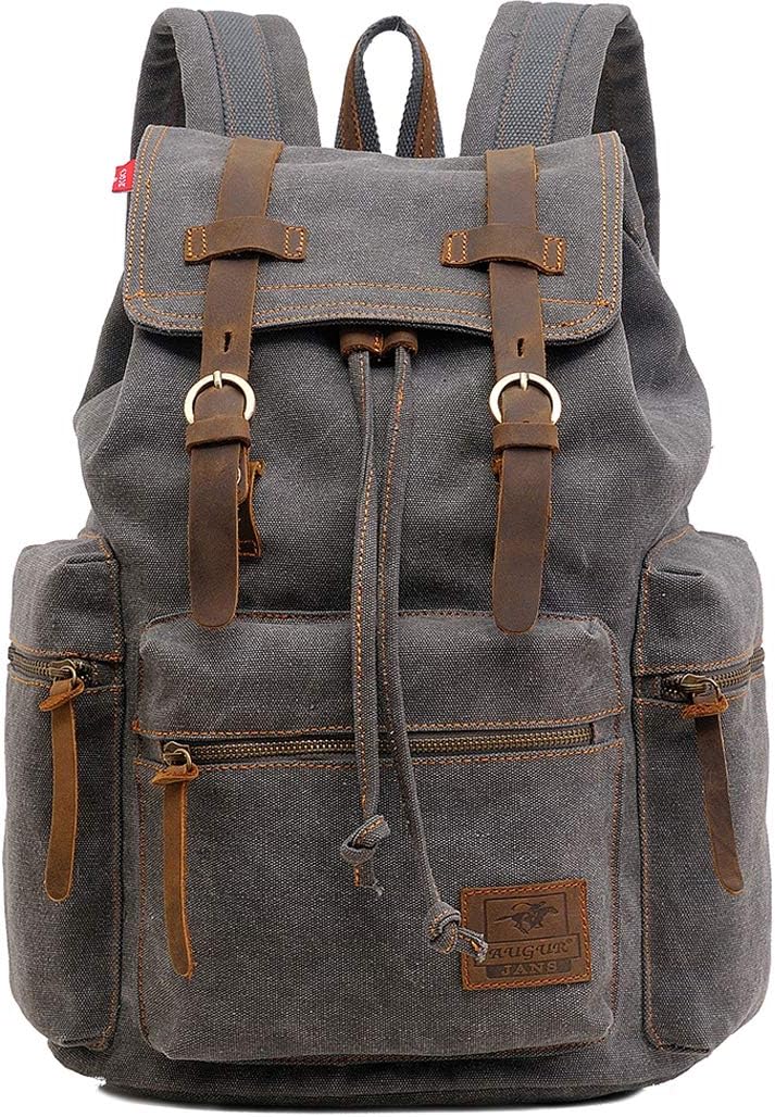 HuaChen Vintage Canvas Travel Backpack with Leather Trim, Laptop Padded Sleeve, Hidden Back Security Pocket, Fits 14-Inch, M32 Gray