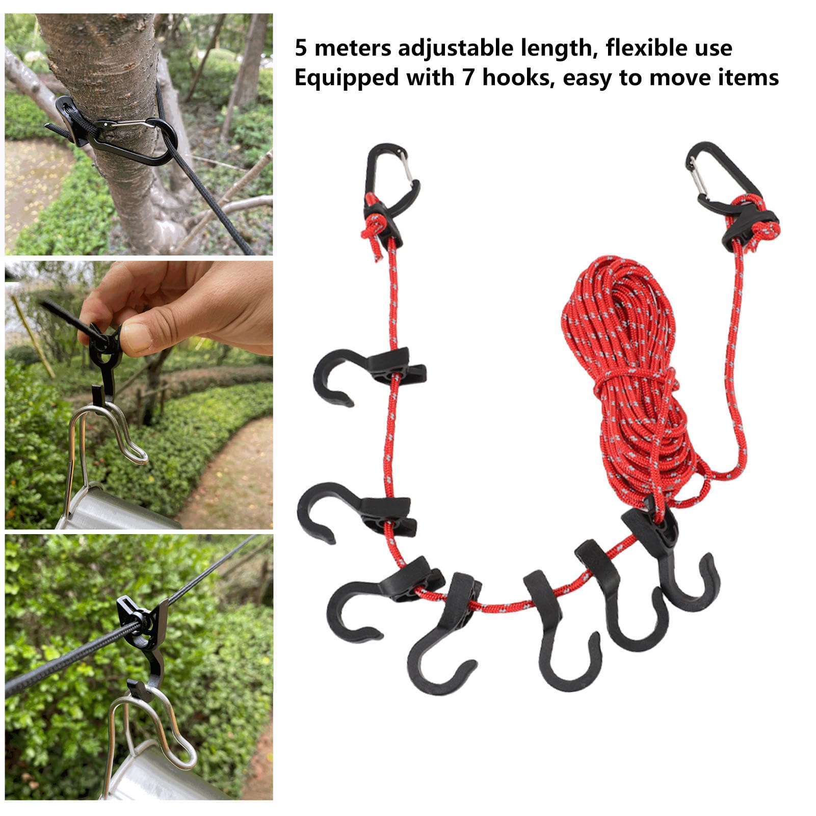 Portable Travel Clothesline, Windproof Clothesline with 7 Durable Hand Hooks with Triangle Clasps and Adjustable Lengths (Red Reflective)