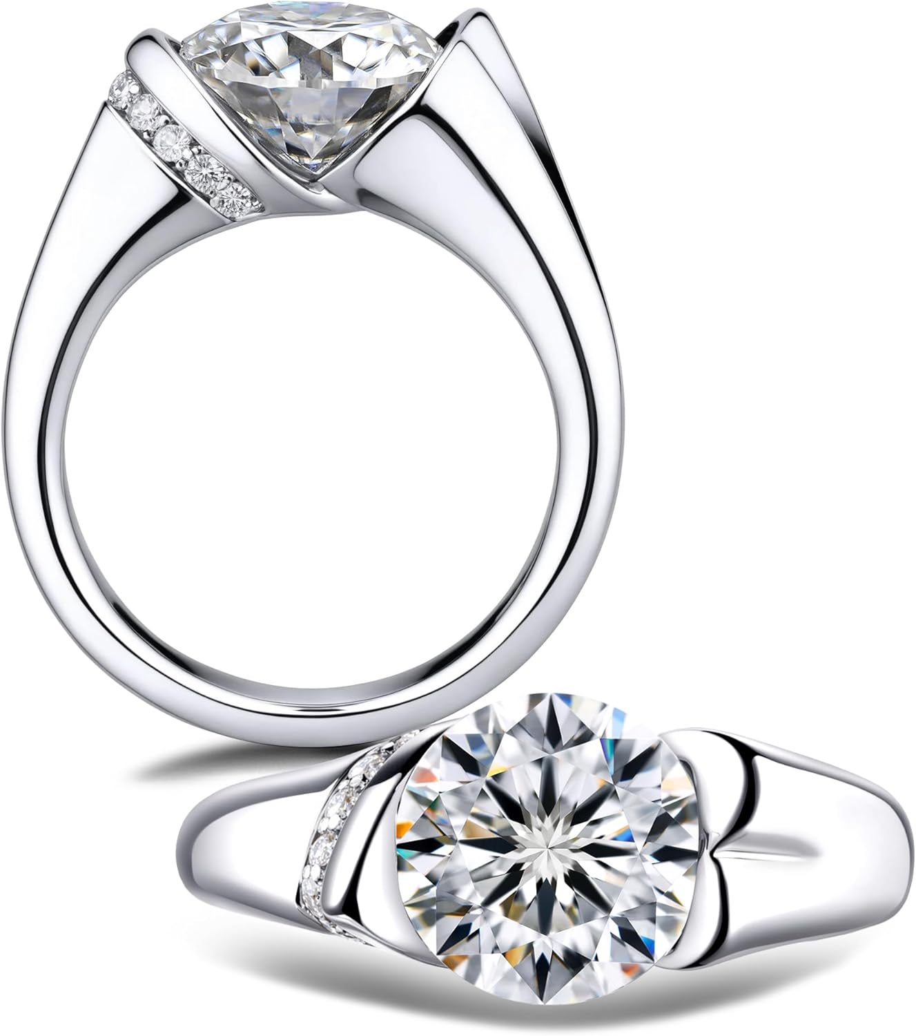 Half Bezel Tension Set 3 Carat Moissanite Solitaire Engagement Ring for Women 3.08 cttw VVS1 D-color Moissanite Rhodium Plated Sterling Silver Anniversary Wedding Promise Ring (size-7)