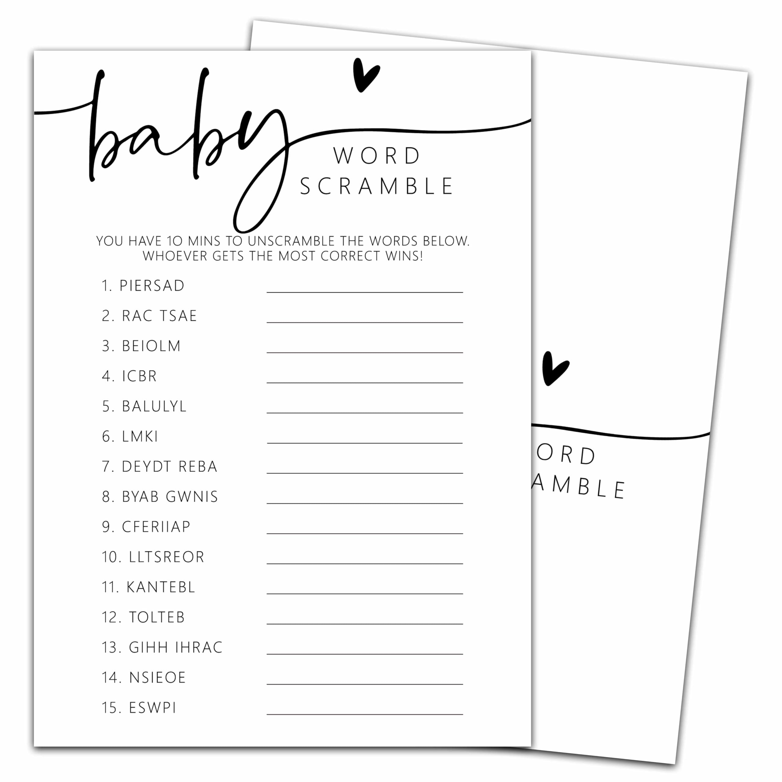 Zabawne gry na baby shower, gra słowna dla dzieci, minimalizm dekoracje na baby shower sprzyja pomysłom, neutralne pod względem płci artykuły imprezowe-25 szt., 12,7 x 17,8 cm - C07, biały