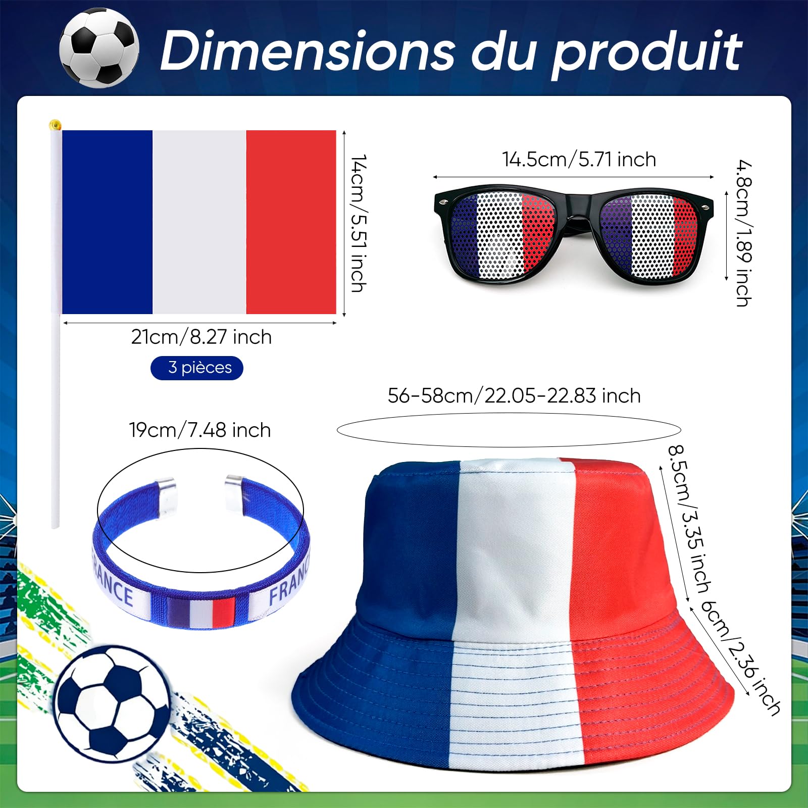 Kit Supporter France pour Grand Événement Football - Accessoires Football 6 Pièces incluant Chapeau de pêcheur Polyester, Lunettes Drapeau, 3 Pavillons à Main et Bracelet Tricolore pour Fan de Foot