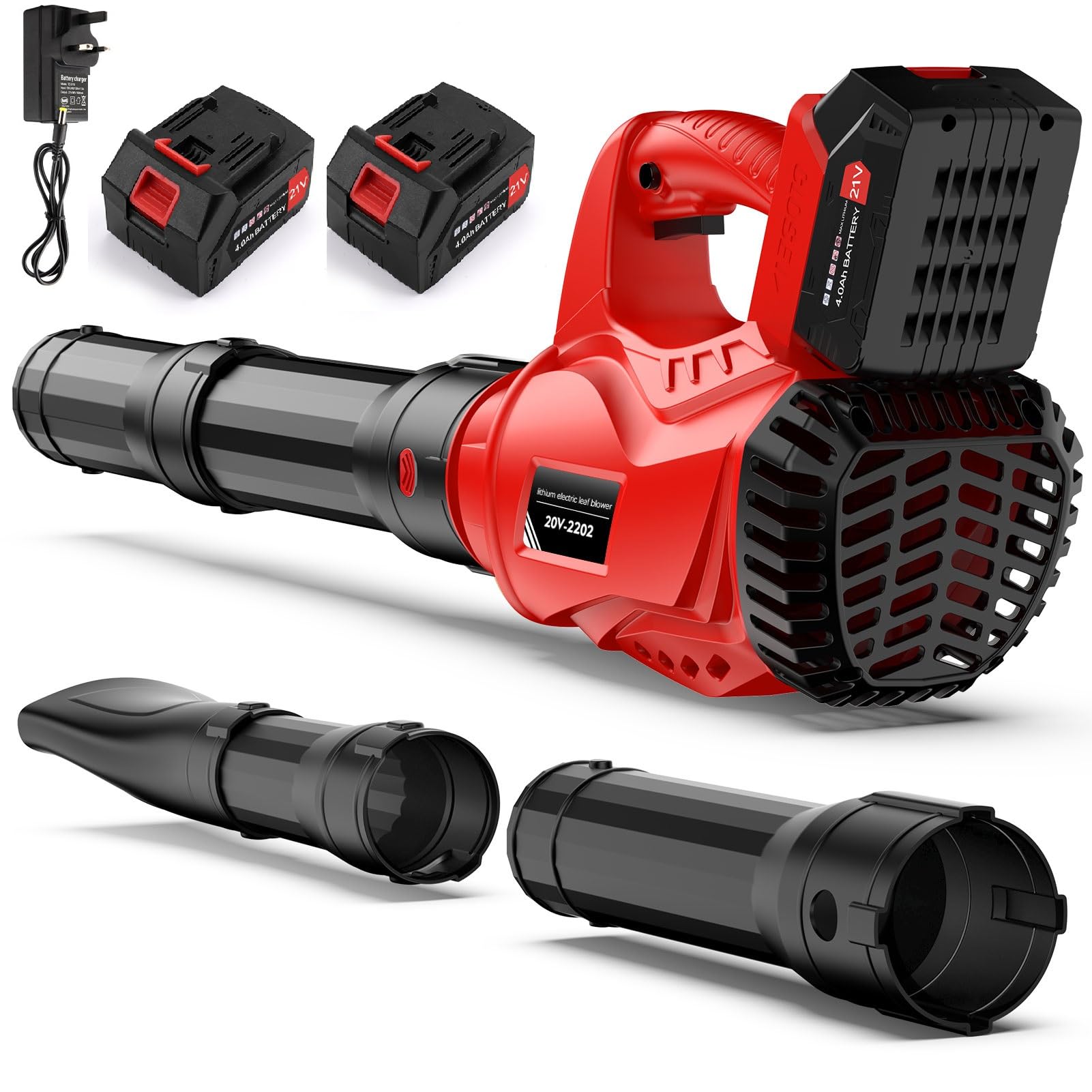 Soplador de Hojas, Soplador Bateria 21V con 2 Baterías de 4.0Ah y Cargador, Soplador de Hojas Bateria de 310 km/h con 6 Modos de Velocidad, Ligero para Jardín, Patio, Soplar Hojas y Polvo