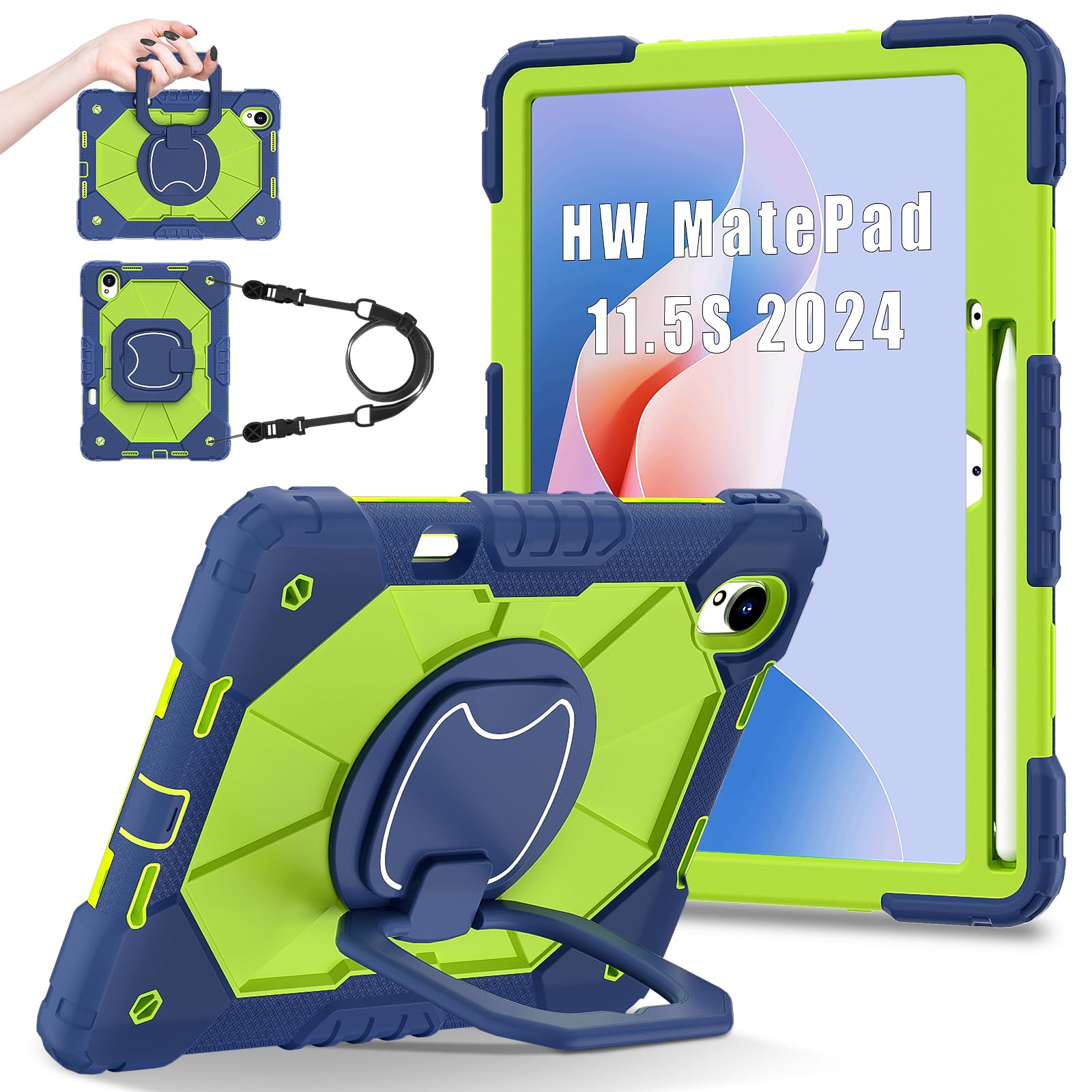 Tablet-Schutzhülle mit Schultergurt für Huawei MatePad 11,5 S/11,5 Zoll TGR-W09, strapazierfähig, stoßfest, Schutzhülle mit Ständer, Griff, Schultergurt für Kinder, Damen, Marineblau, Gelb,