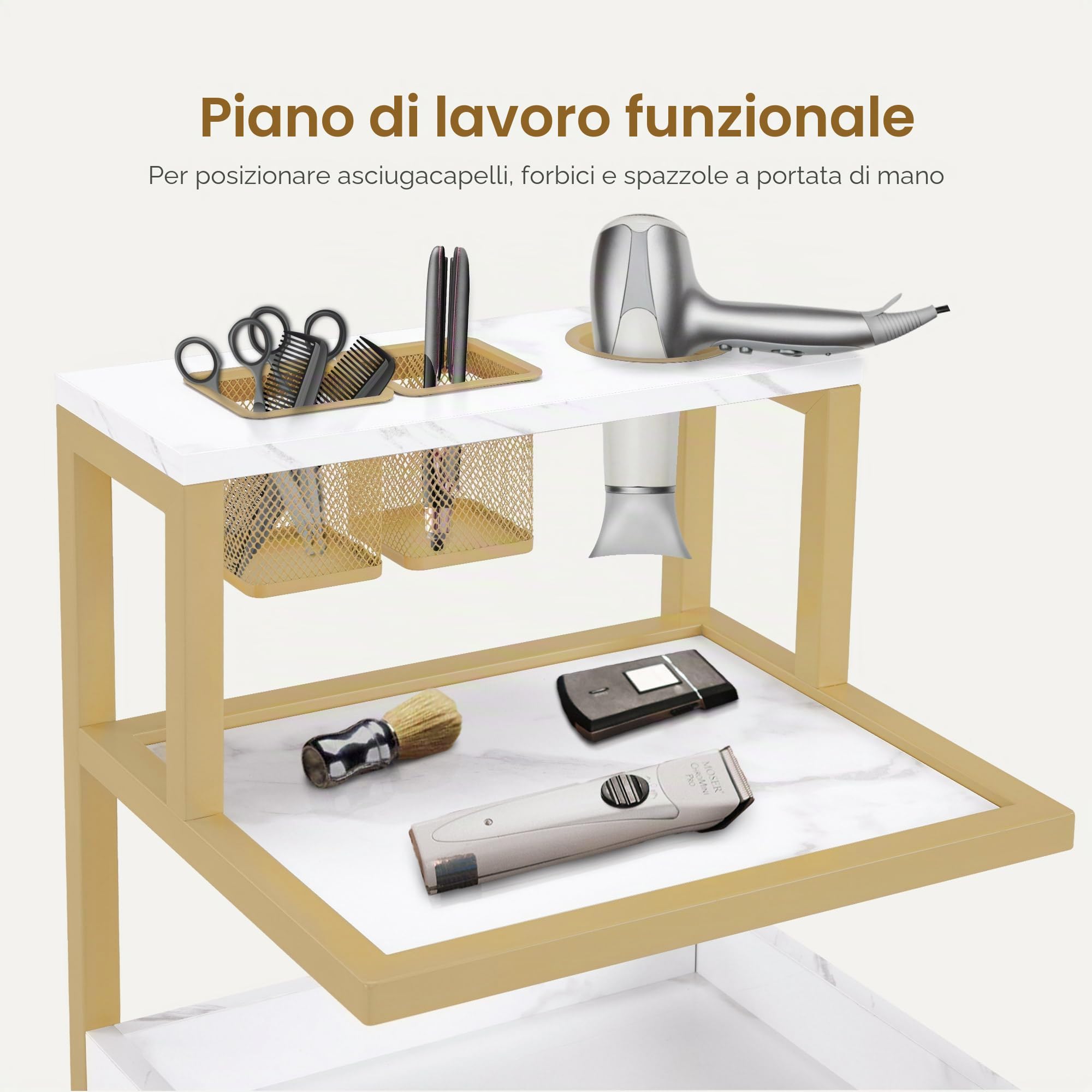 Barberpub Carrello per parrucchieri con ruote e 2 cassetti, carrello di servizio, carrello da salone con 2 ripiani e porta asciugacapelli, carrello da lavoro moderno, 32x37x87cm, 0029
