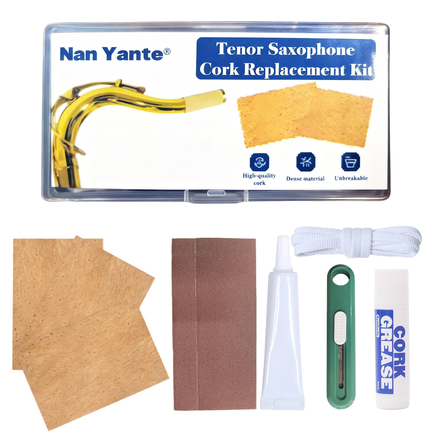 Kit de repuesto de corcho para saxofón tenor | 3 corchos de 42 x 62 mm, grasa, pegamento, cuchillo, 2 papel de lija, cuerda | Juego completo de mantenimiento y reparación