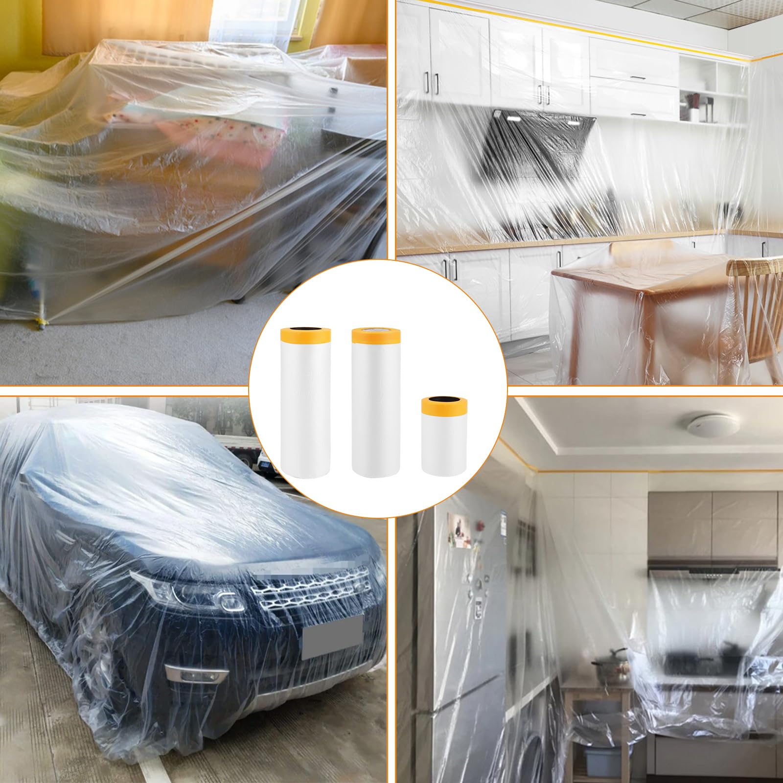 6 Rouleaux Papier de Masquage Peinture,3 Tailles-280/150/55cm Bache de Protection Peinture Transparente, Masker avec Ruban de Adhésifs Masquage Peinture, pour Meuble de Protection