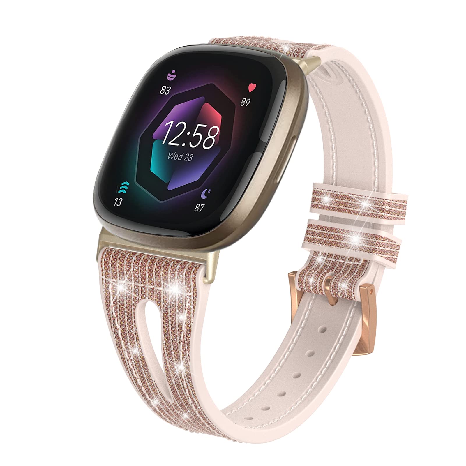 SKYLET Bling Thin Band Compatible for Fitbit Versa 3 Bands/Versa 4/Fitbit Sense/Sense 2 Bands for Women Girls, Glitter Slime Silicone Color-Change Sense/Sense 2/Versa 3/Versa 4 Straps Rose Gold Buckle