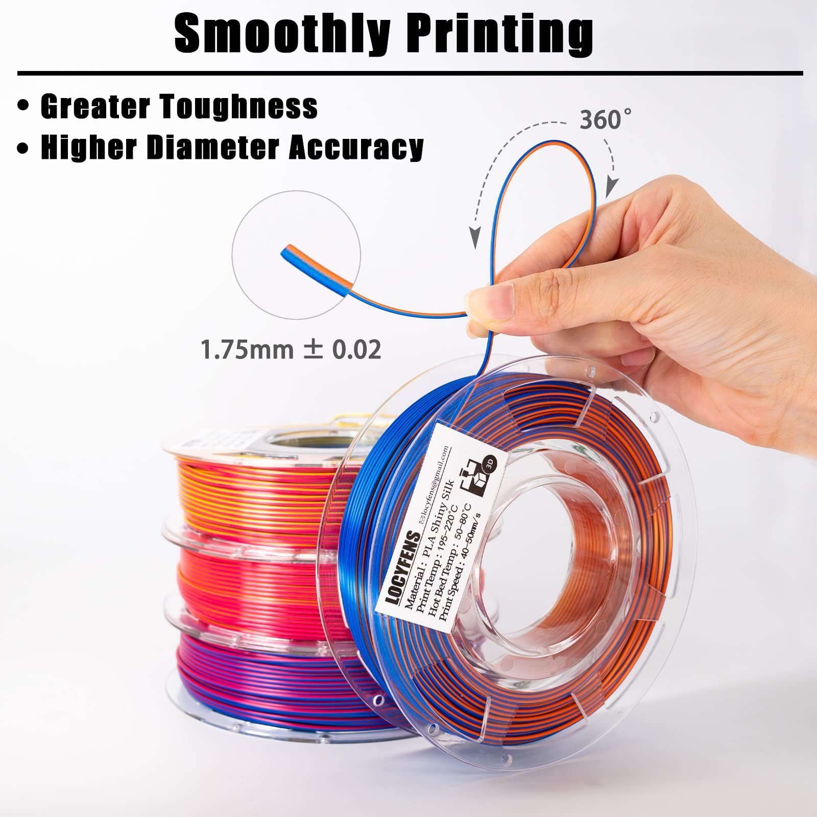 Filamento de impresora 3D PLA, filamento PLA 3 en 1 arcoíris de 1,75 mm +/-0,02 mm, filamento de triple color PLA de seda, paquete de filamento 3D de coextrusión, 200 g x 4 carretes