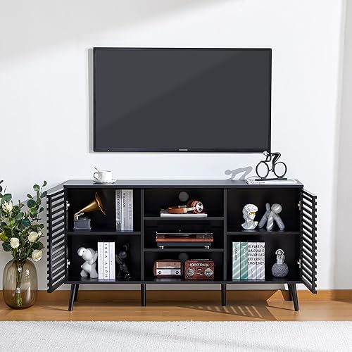 Miniatura 9 de Soporte de TV para TV de más de 55 pulgadas, centro de entretenimiento bohemio con armarios de almacenamiento, consola de TV moderna de mediados de