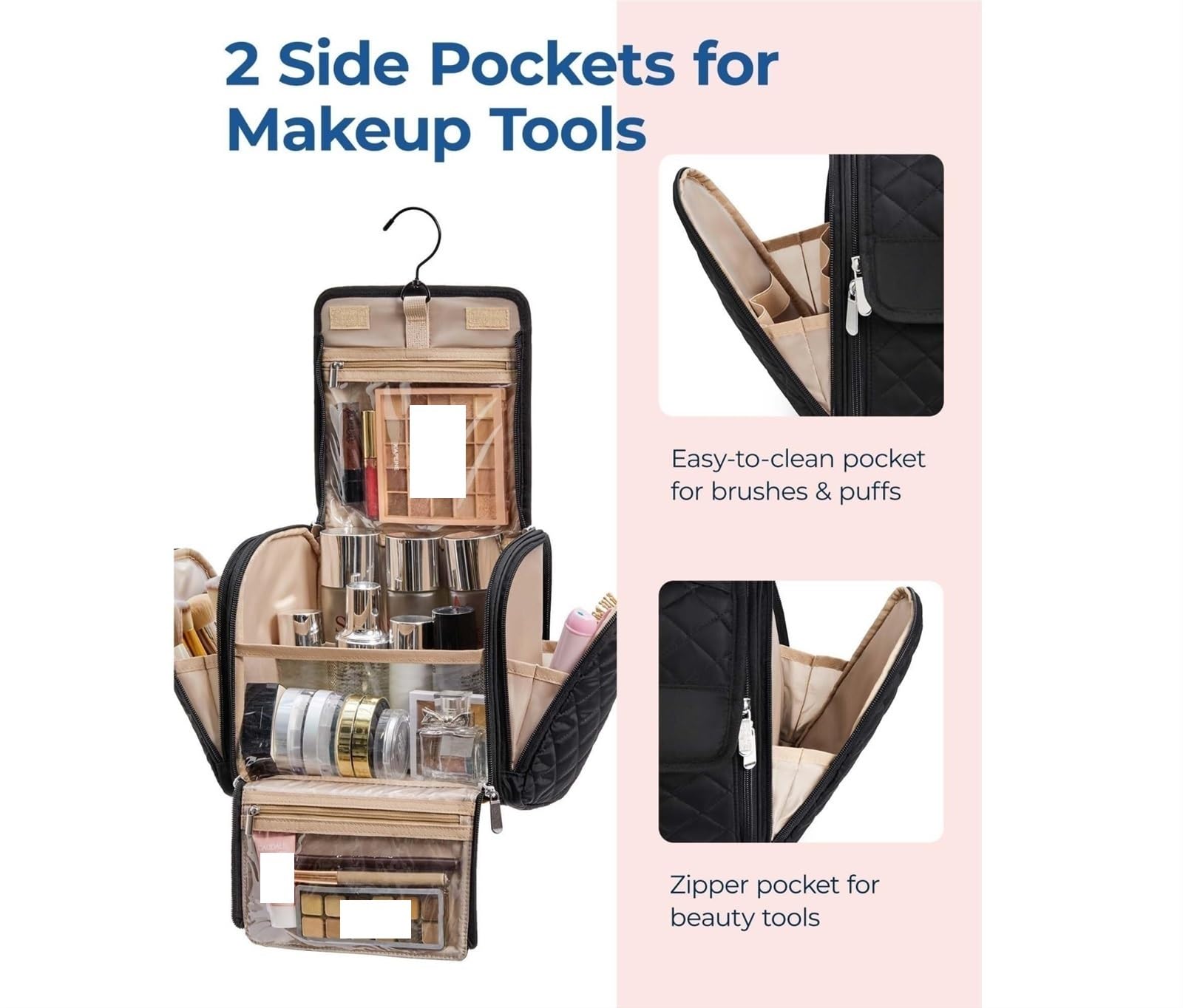 Neceser Maquillaje Neceser Mujer Bolsa De Cosméticos For Mujer con Gancho, Bolsa De Cosméticos Portátil Que Puede Contener Cosméticos Y Artículos De Tocador Bolsa De Maquillaje(Black)