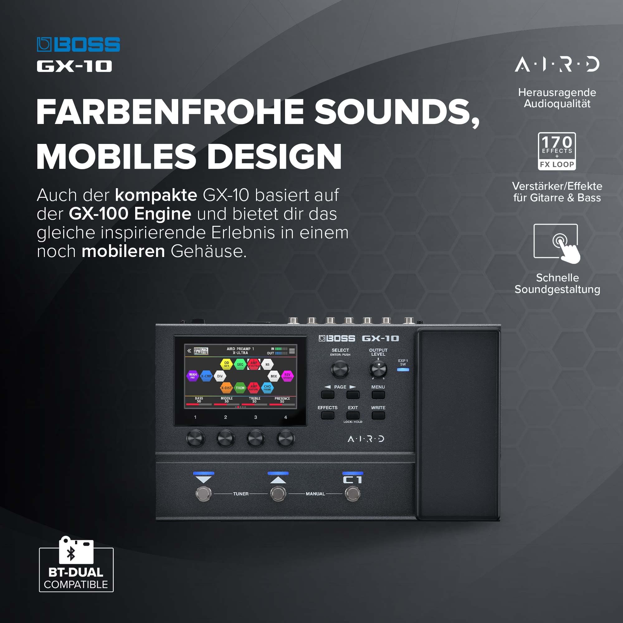 BOSS GX-10 | Compact Guitar & Bass Effects Processor | GX-100 Sound Engine | Colour Touch Display | 32 Amp Types & 170 BOSS Effects | Multi-mode Footswitches & Expression Pedal | AIRD Technology