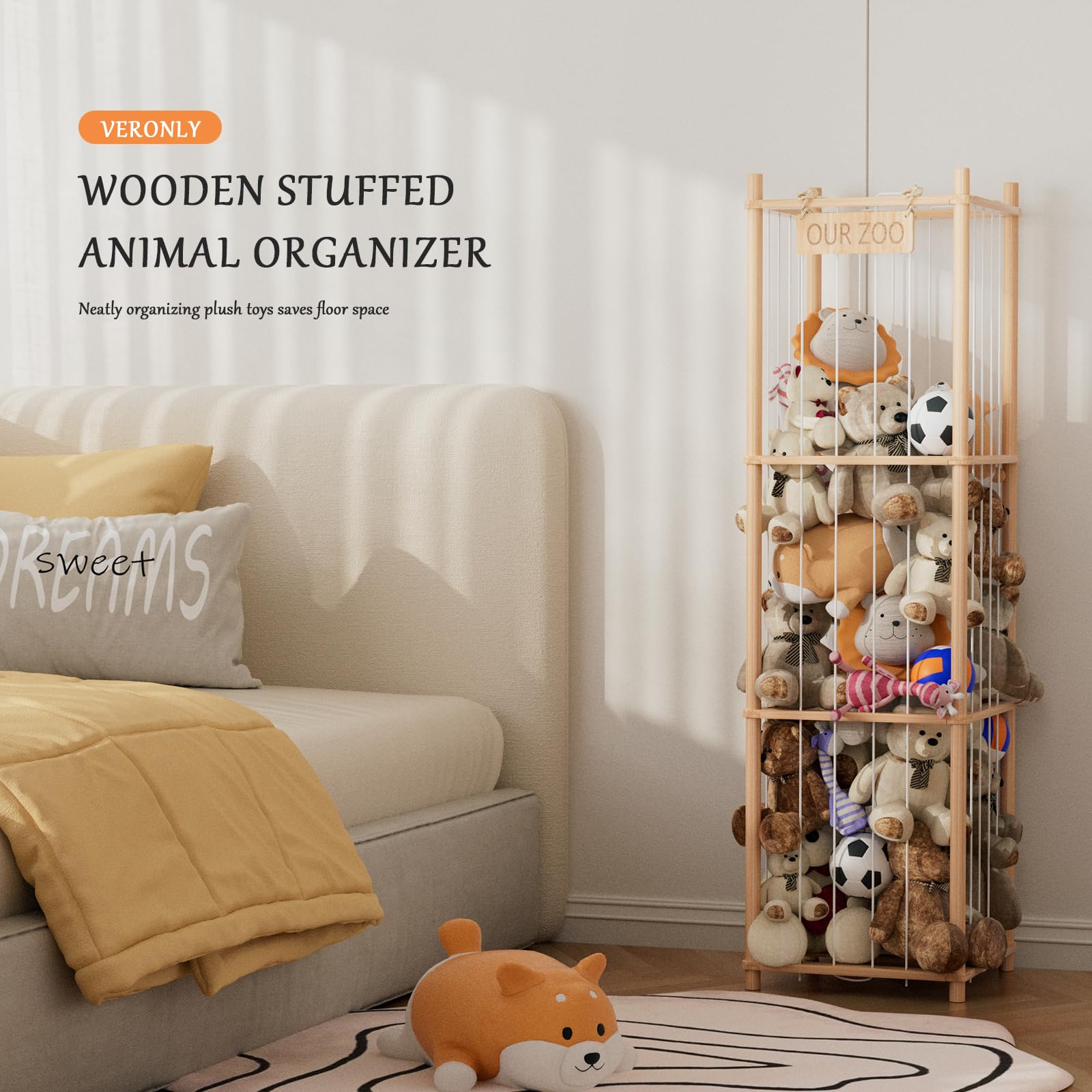 Kuscheltier Aufbewahrung mit Netz, Stofftiere & Plüschspielzeug Massivholz Organizer, Großes Fassungsvermögen Aufbewahrungsregal für Kinderzimmer, Wohnzimmer & Schlafzimmer 137x40x40cm
