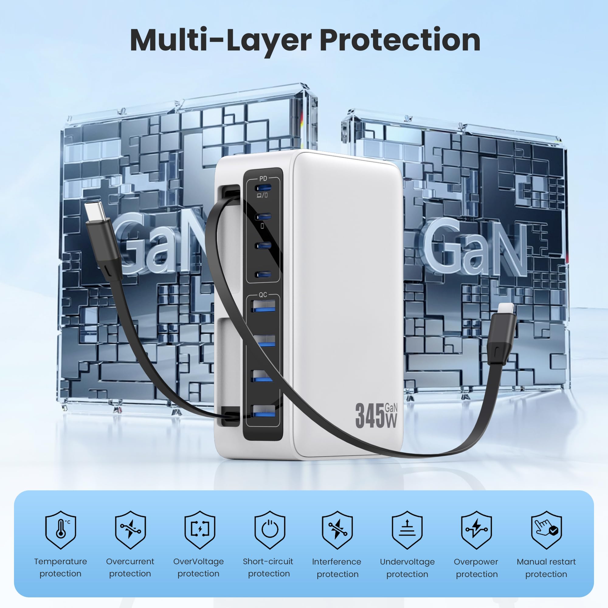 345W Cargador USB C Multiple con Cable Retráctil, 10-en-1 GAN Vi Cargador Carga Rápida PD/PPS/QC Enchufes USB C Alimentador Universal USB C Charger para MacBook Pro/Air, iPhone, Sam Sung (Blanco)