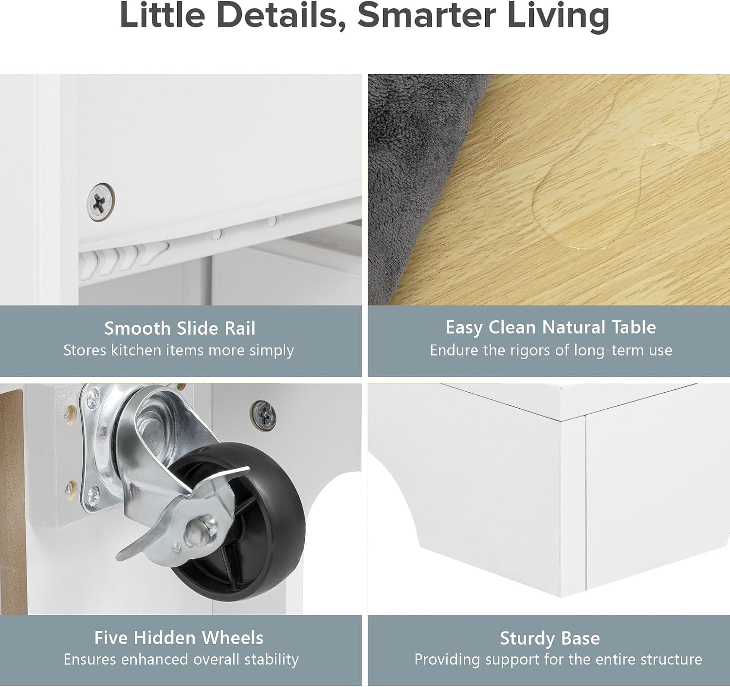 Four close-up images showing details of the kitchen island: smooth slide rails, easy-clean natural wood table, five hidden wheels, and a sturdy base.