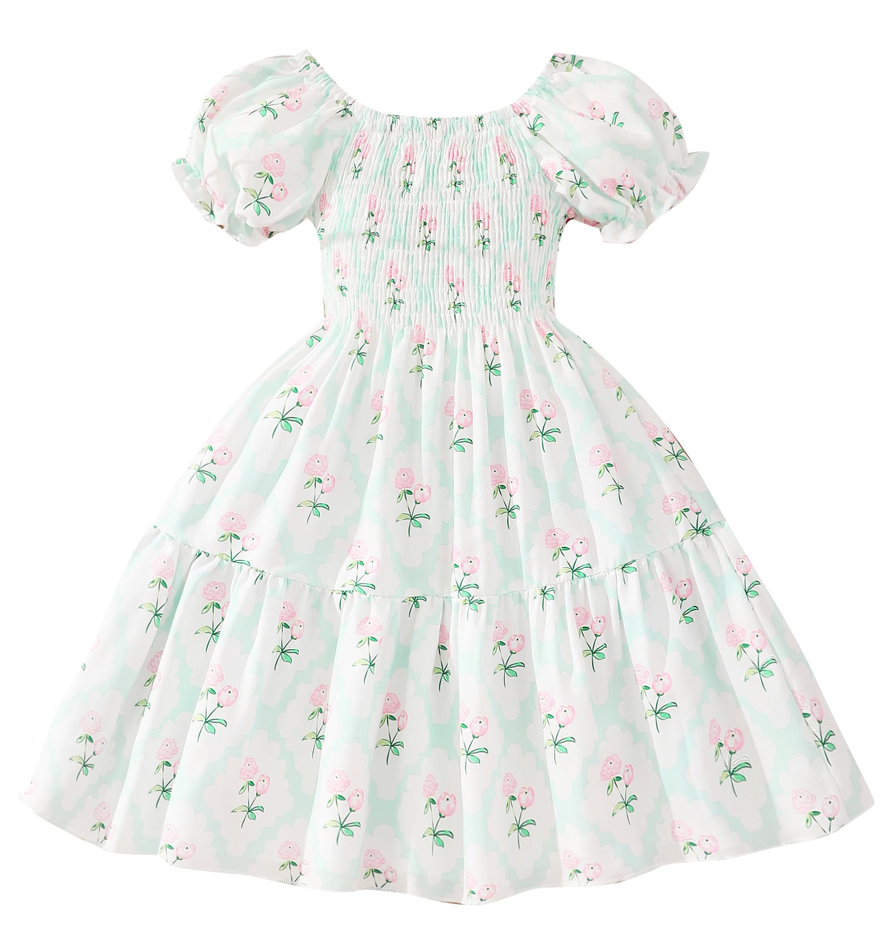 Toddler Baby Girls Summer Floral Dress Kids Puff Sleeve Square Neck Smocked Flowy Sun Dresses 2-8 Years