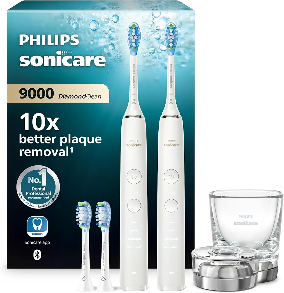 Philips Sonicare DiamondClean 9000 elektrische Zahnbürste, Doppelpack, Zahnbürste mit Schalltechnologie inklusive App, Drucksensor, 4 Putzmodi, 3 Intensitätsstufen, Ladeglas, weiß, Modell HX9914/62
