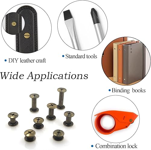 Miniatura 3 de Juego de 90 tornillos Chicago de bronce surtido, 6 tamaños de remaches de tornillo para remaches de cuero para manualidades de cuero y