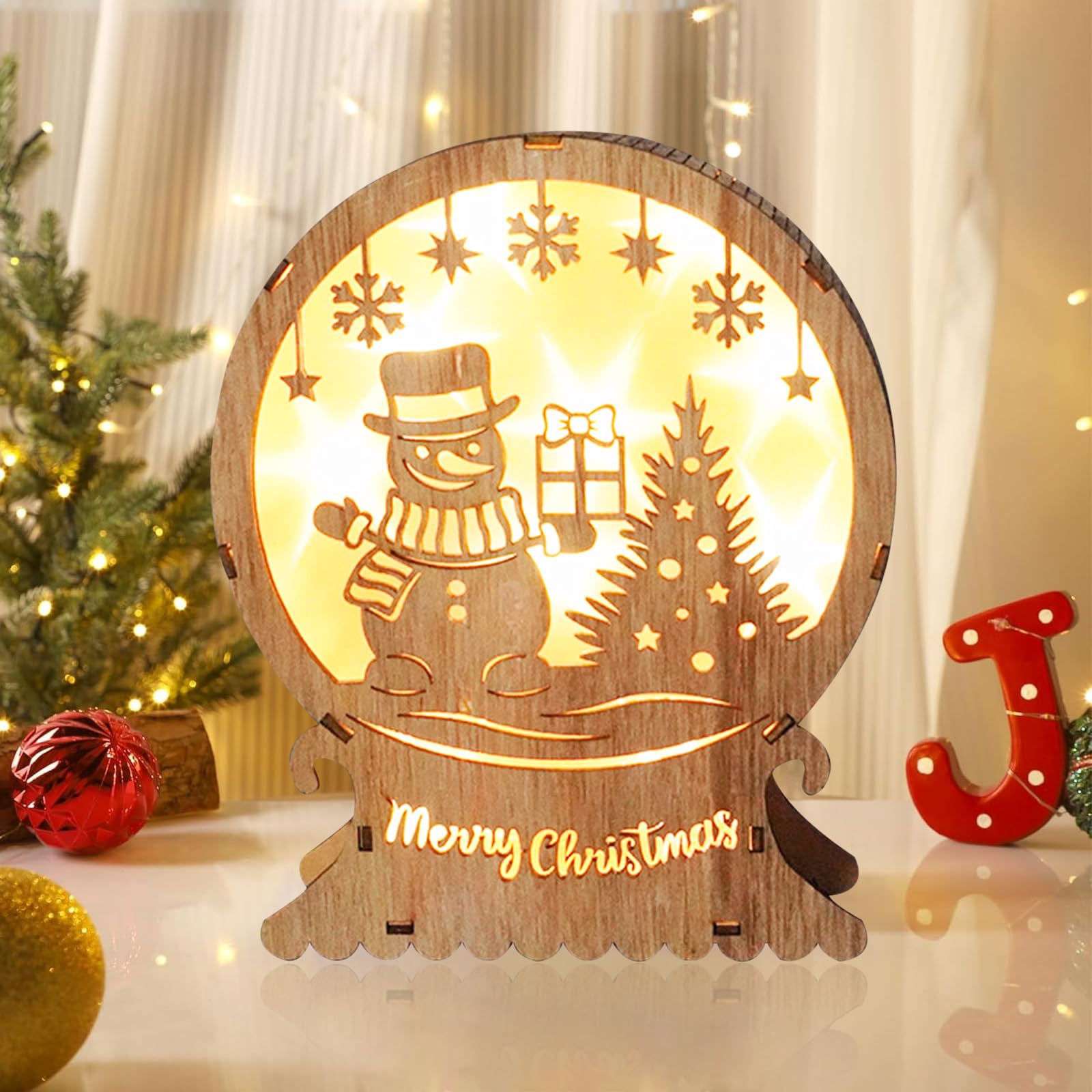 HUIKUANGEU Decoración Navideña Iluminada de Madera Led,Led de Madera Luces de Navidad,Decoración Navideña Luz Decoración,Adornos Navideños,para Centros de Mesa Luminosos de Navidad,Muñeco de Nieve