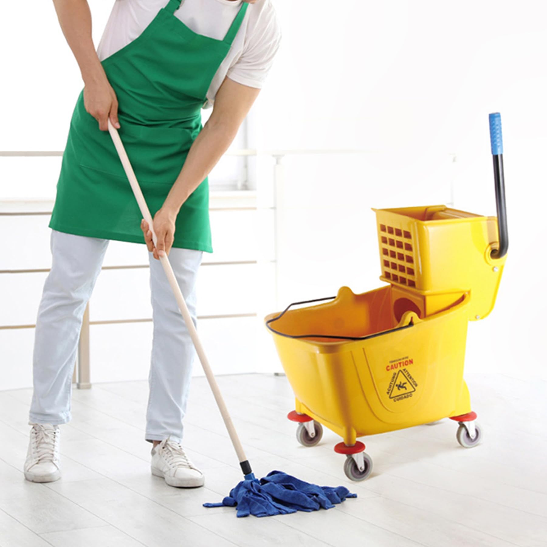 Cubo de fregona con escurridor sobre ruedas, plástico resistente de 32 litros, sistema de fregona giratoria, 4 ruedas giratorias, cubo de limpieza de grado comercial para suelos duros, uso doméstico y