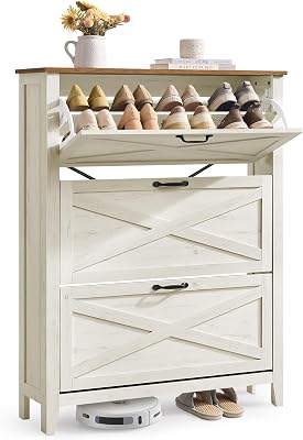 VASAGLE LIRY Colección - Mueble Zapatero, con 3 Cajones Abatibles, Zapatero Estrecho Independiente para Entrada, Estilo Rústico, para 18 a 24 Pares, Blanco Rústico HSC301W02