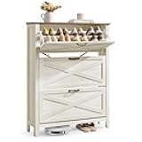 VASAGLE LIRY Collection - Shoe Storage Cabinet Organizer with 3 Flip Drawers, Freestanding Narrow Shoe Rack Cabinet for Entryway, Farmhouse Style, Fits 18 to 24 Pairs, Rustic White UHSC301W02
