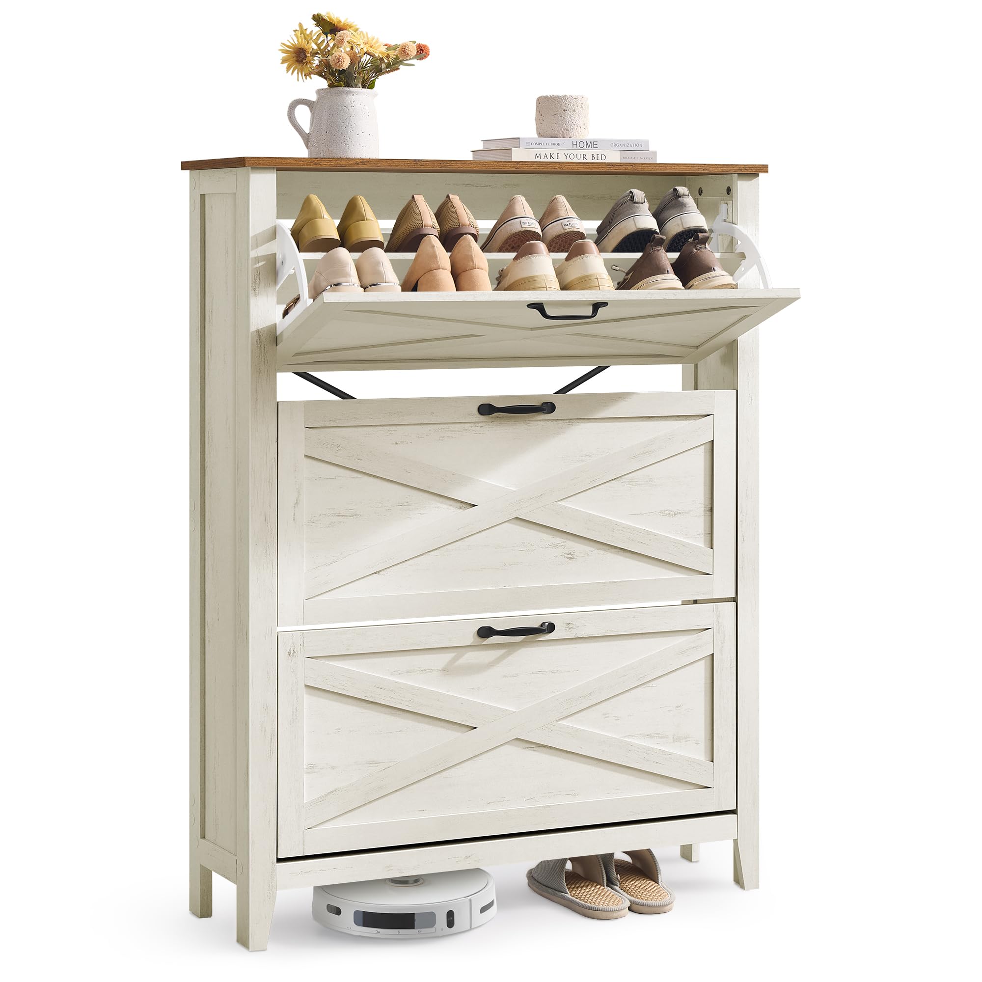 VASAGLE LIRY Collection - Meuble à Chaussures à 3 Abattants, Placard de Rangement Autoportant, Étroit, pour Entrée, Style Campagne, Capacité de 18 à 24 Paires, Blanc Rustique HSC301W02