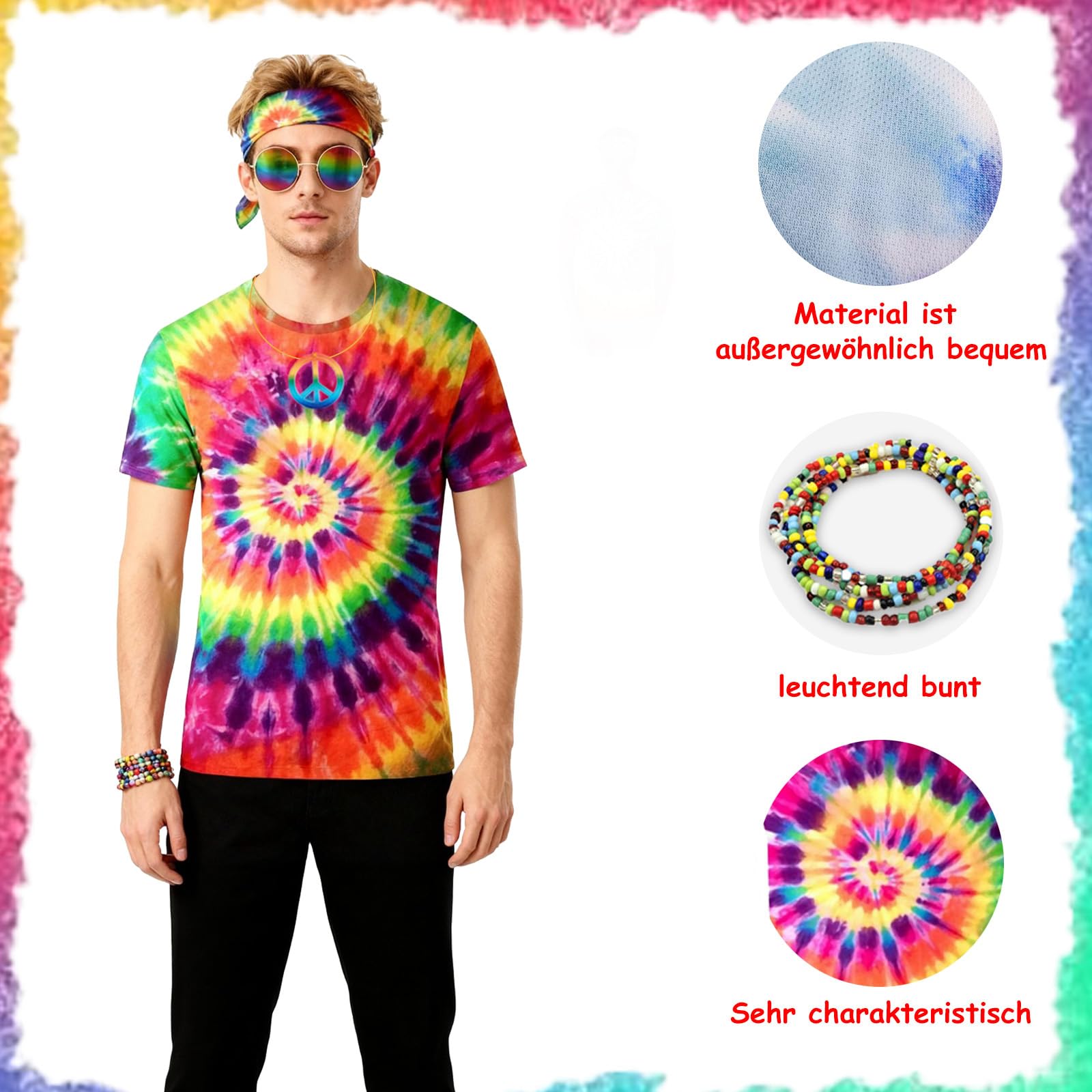 WanderGo 6 Pcs Hippie Costume for Men 80s Fancy Dress Men With Colourful T-Shirt, Peace Necklace, Hippie Sunglasses, Headband - Image 4