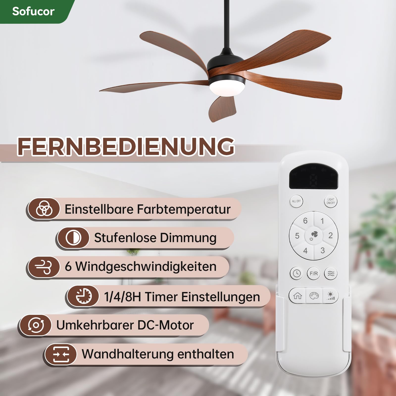 Sofucor Deckenventilator mit Beleuchtung und Fernbedienung, DC, 132 cm, 5 Flügel, Timer, 3 Farbtemperaturen, 6 Geschwindigkeiten, Sommer Winterbetrieb