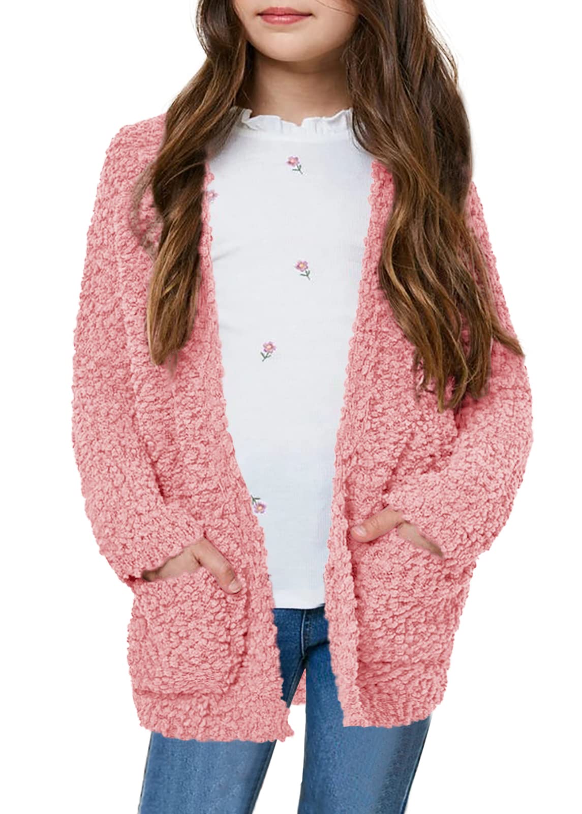 Girls Casual Open Front Long Sleeve Cardigan Pocket Fashion Sweater Outwear