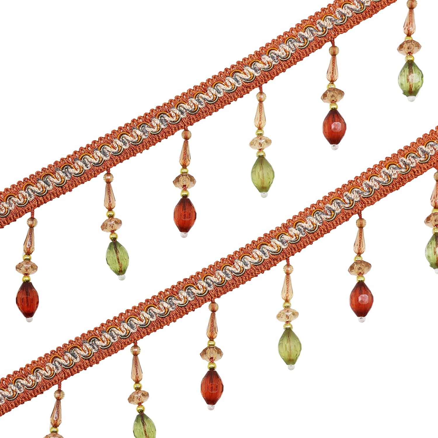 Yalulu 4 Yards Hanging Beads Pendant Tassel Trim, Crystal Beaded Tassel Fringing Trimmings Sewing DIY Crafts for Curtain Sofa Decor (Green)