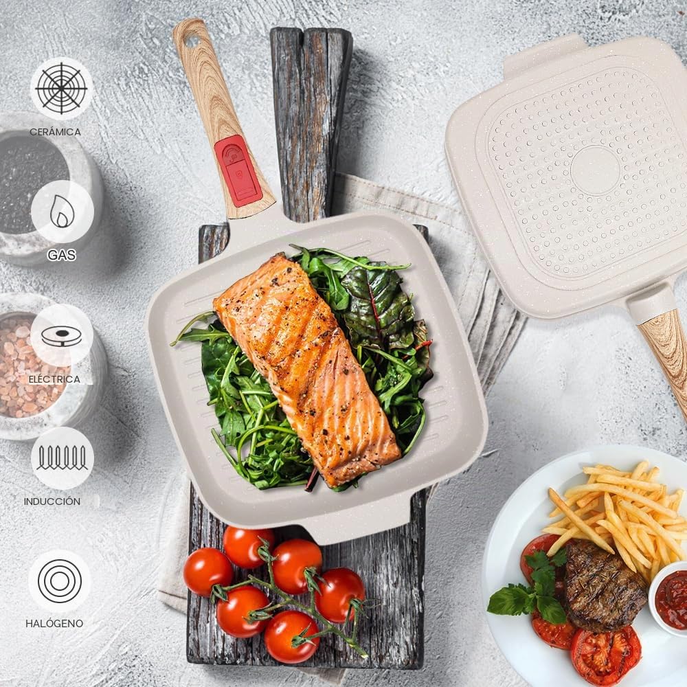 RANX INGST Grill Asador con Rayas con Tapa, 26 x 24 cm Sartén Parrilla de Aluminio Fundido con Mango Extraíble, Revestimiento Antiadherente (Blanco)