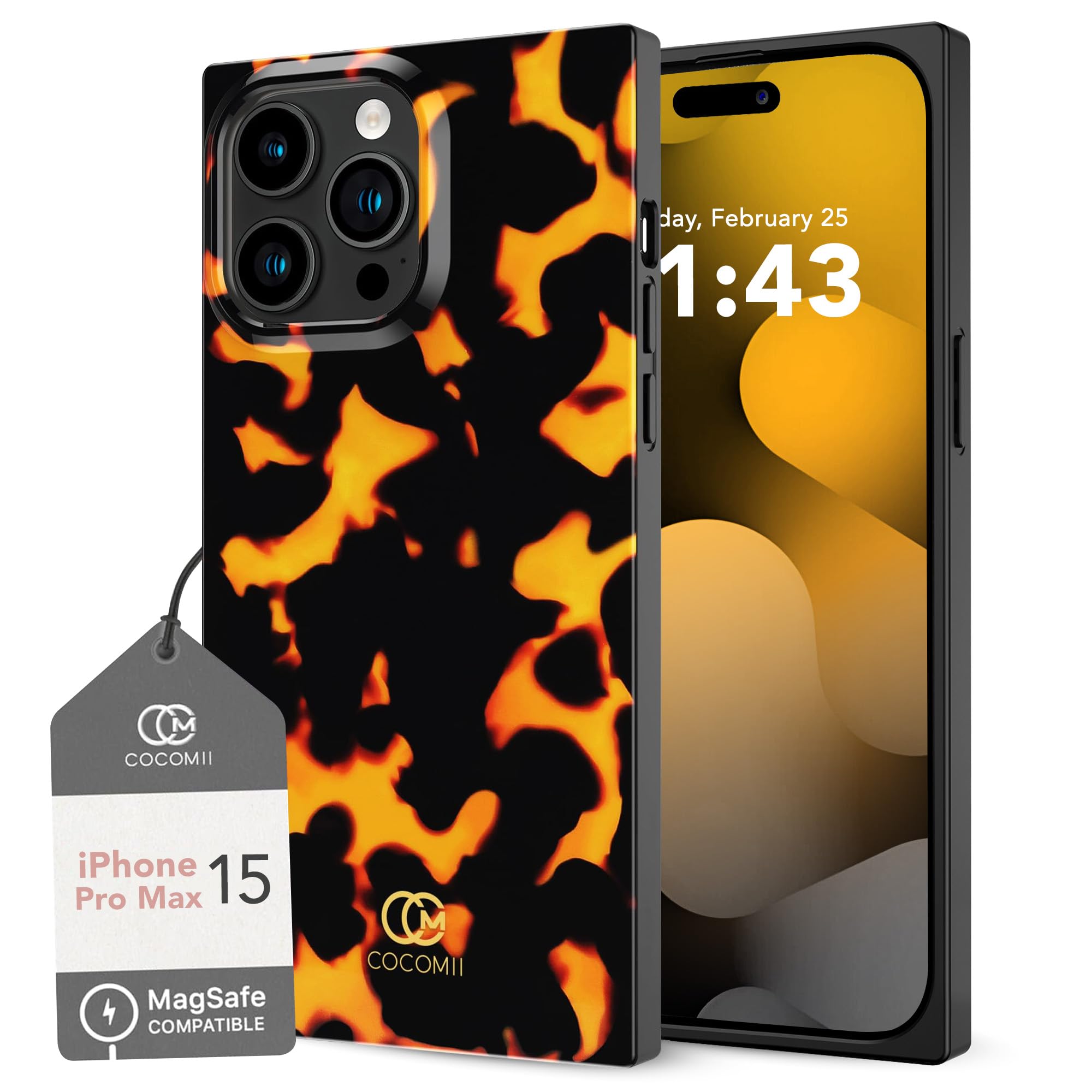 COCOMII Rectangle Case for iPhone 15 Pro Max, Compatible with MagSafe, Mandarin Tortoiseshell