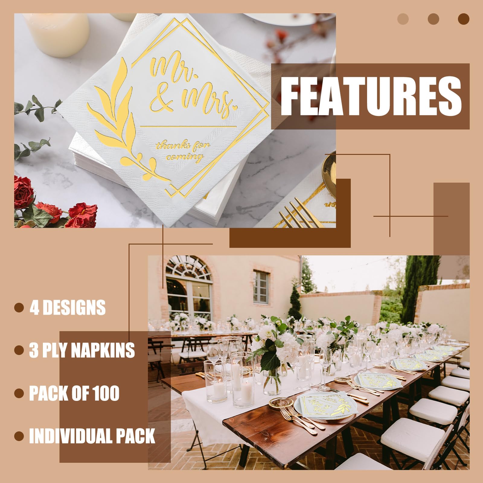 Tinlade 100 Pcs Mr and Mrs Wedding Napkins for Reception 3 Ply Gold Disposable Cocktail Dessert Napkins Beverage Decor for Engagement Table Decorations Bridal Shower Party Supplies,5 x 5 Inch