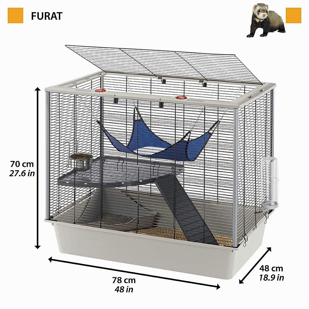 Ferplast Cage confortable pour fûrets et rats FURAT, strucutre à plusieurs niveaux avec accessoires inclus, angles renforcés, vernis métal et plastique noir, 78 x 48 x h 70