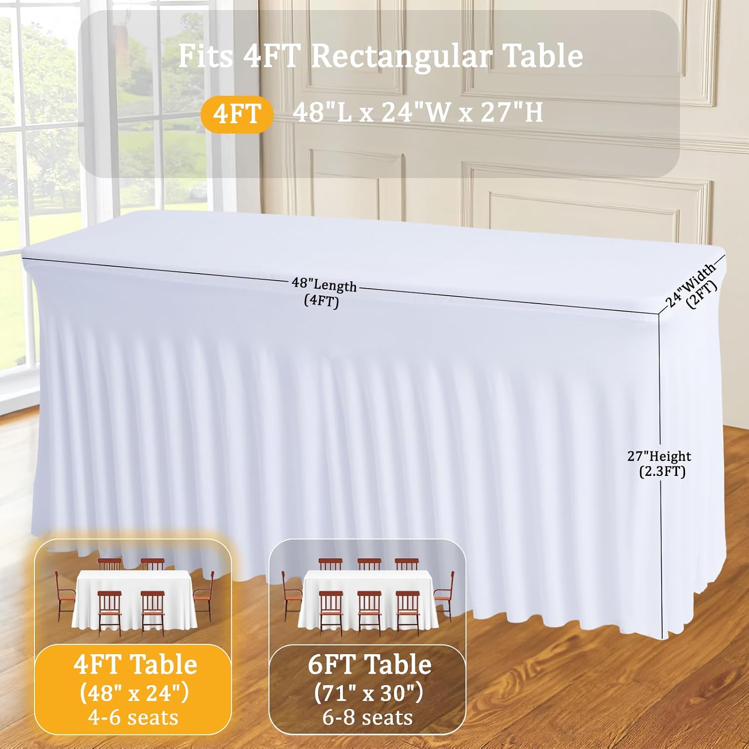 JCJ Table Skirt for Rectangle Tables Spandex Fitted White Tablecloths for 4FT Tables, Wrinkle Resistant Ruffles Elastic Table Cover Skirts for Teacher Desk Weddings Banquets Parties