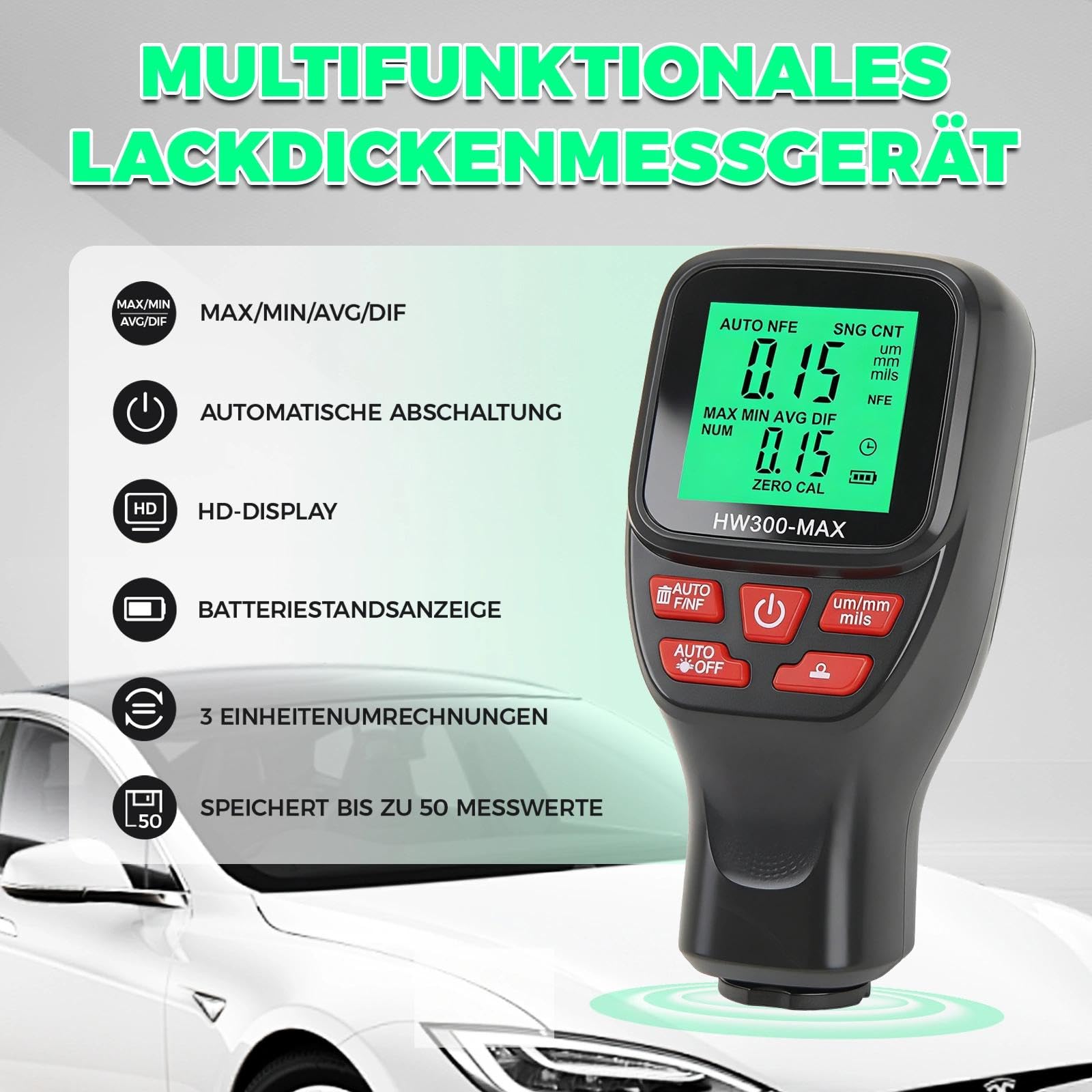 Digitales Schichtdickenmessgerät, 0-2000µm Lackmessgerät Auto Lackdickenmessgerät für Auto, Einheitenumrechnung (µm/mm/mils), ABS Lackschichtdickenmessgerät zum Messen (Black)