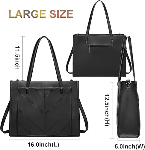 Miniatura 3 de Bolsas de trabajo para mujer, bolso negro para laptop con compartimento, maletín profesional de cuero para oficina de negocios