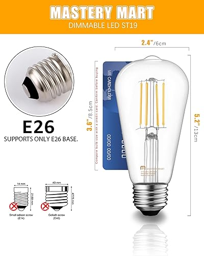 Miniatura 2 de MASTERY MART Paquete de 6 bombillas LED Edison vintage, bombilla LED E26 de 5.5 W equivalente a 60 W, regulable, blanco suave 2700 K, bombillas de