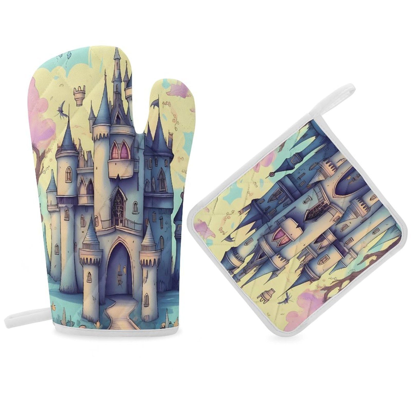 Fodpand Women's Style Fairytale Castle Oven Mitts And Pot Holders Sets,Oven Gloves For Kitchen Oven Mitts And Potholders For Baking Cooking Grilling Apartment Essentials