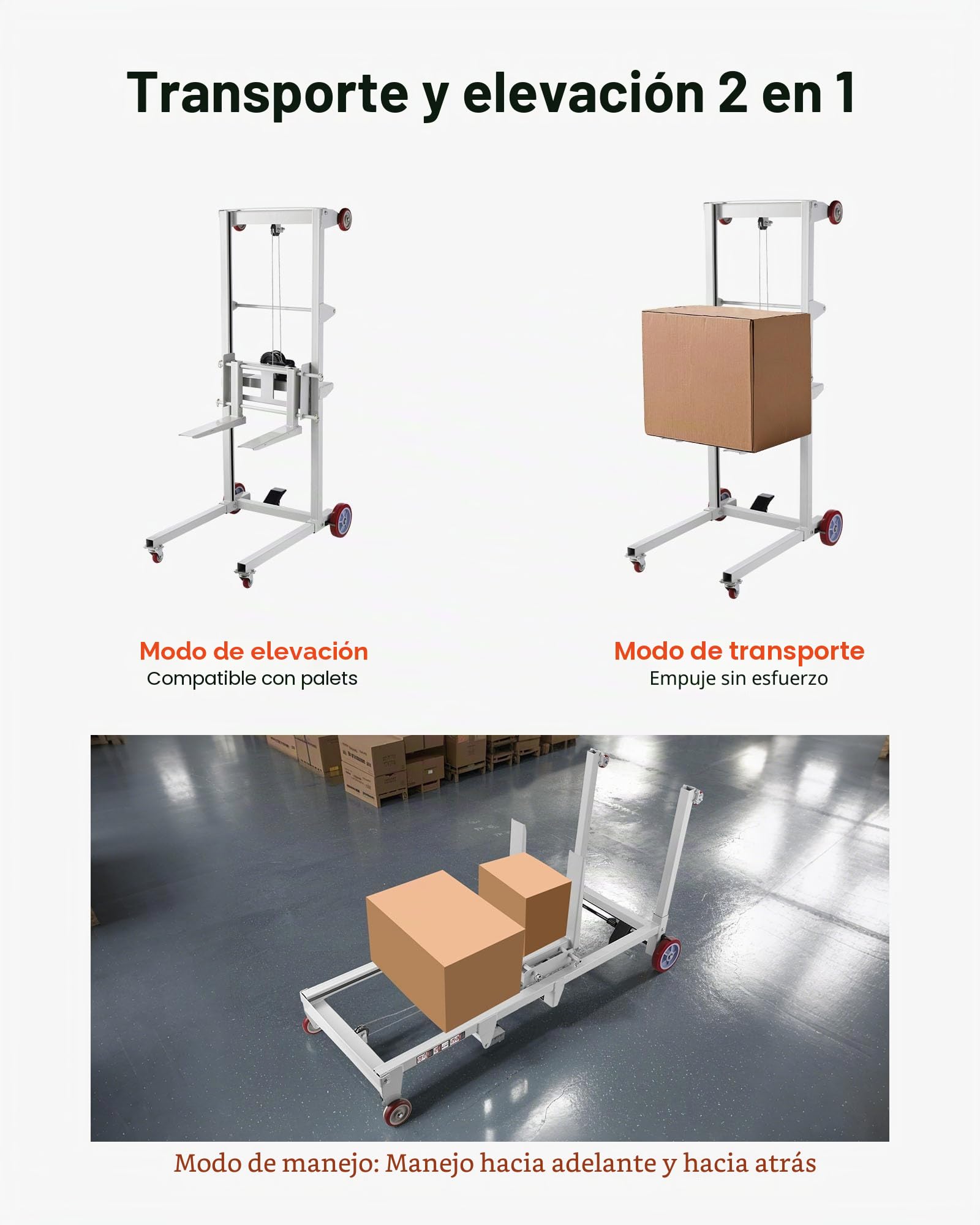 VEVOR Apilador con Cabrestante Manual de Elevación de Materiales con Ruedas Giratorias y Horquilla Ajustable, Plataforma para Transpaletas Capacidad de 249,93 kg, Altura de Elevación Máxima de 1780mm