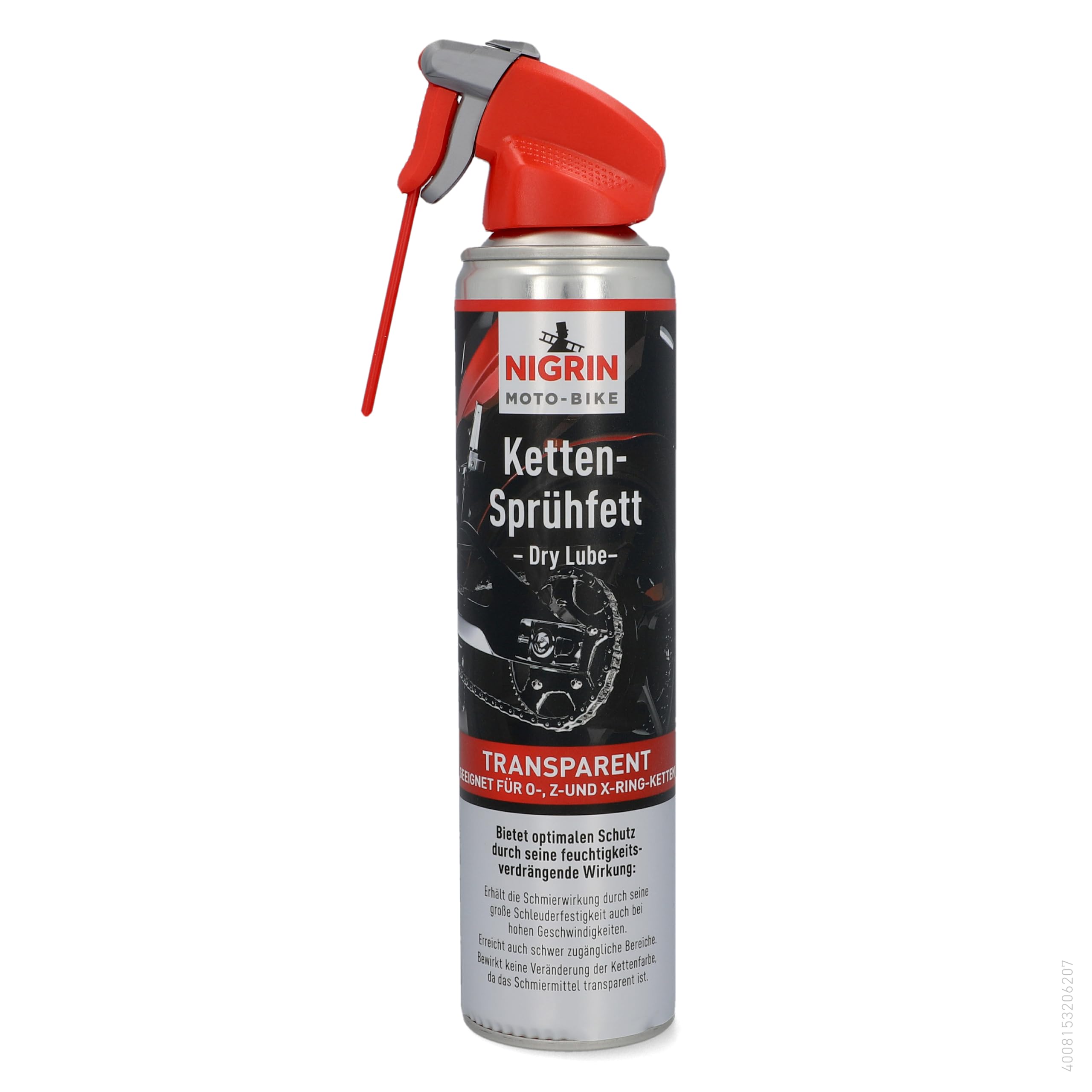 NIGRIN MOTO-BIKE Dry Lube Ketten-Sprühfett für Motorrad, 400 ml, geeignet für O-, Z- und X-Ring-Ketten, Korrosionsschutz, farblos